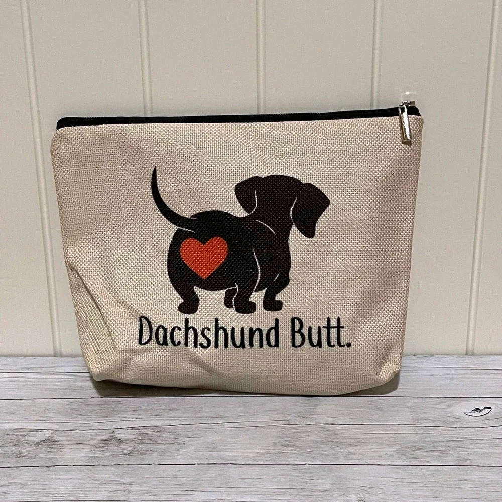 Guess What Dachshund Butt Cosmetic Bag Linen Zipper Pouch Beige Weiner Dog